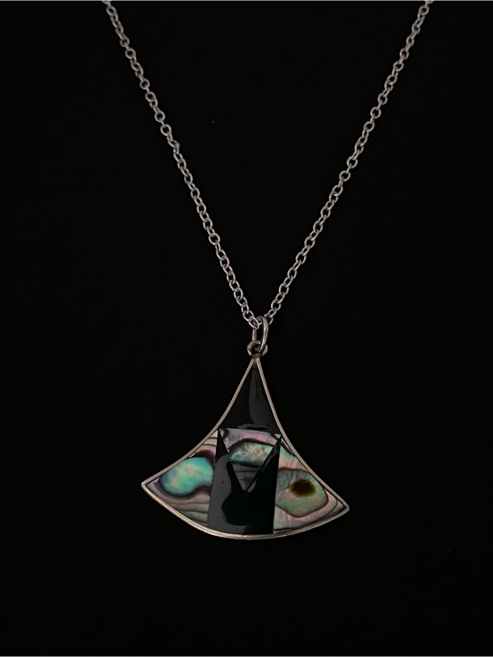 Silver-Tone Abalone Fan Pendant Necklace - Iridescent Green/Beige/Black